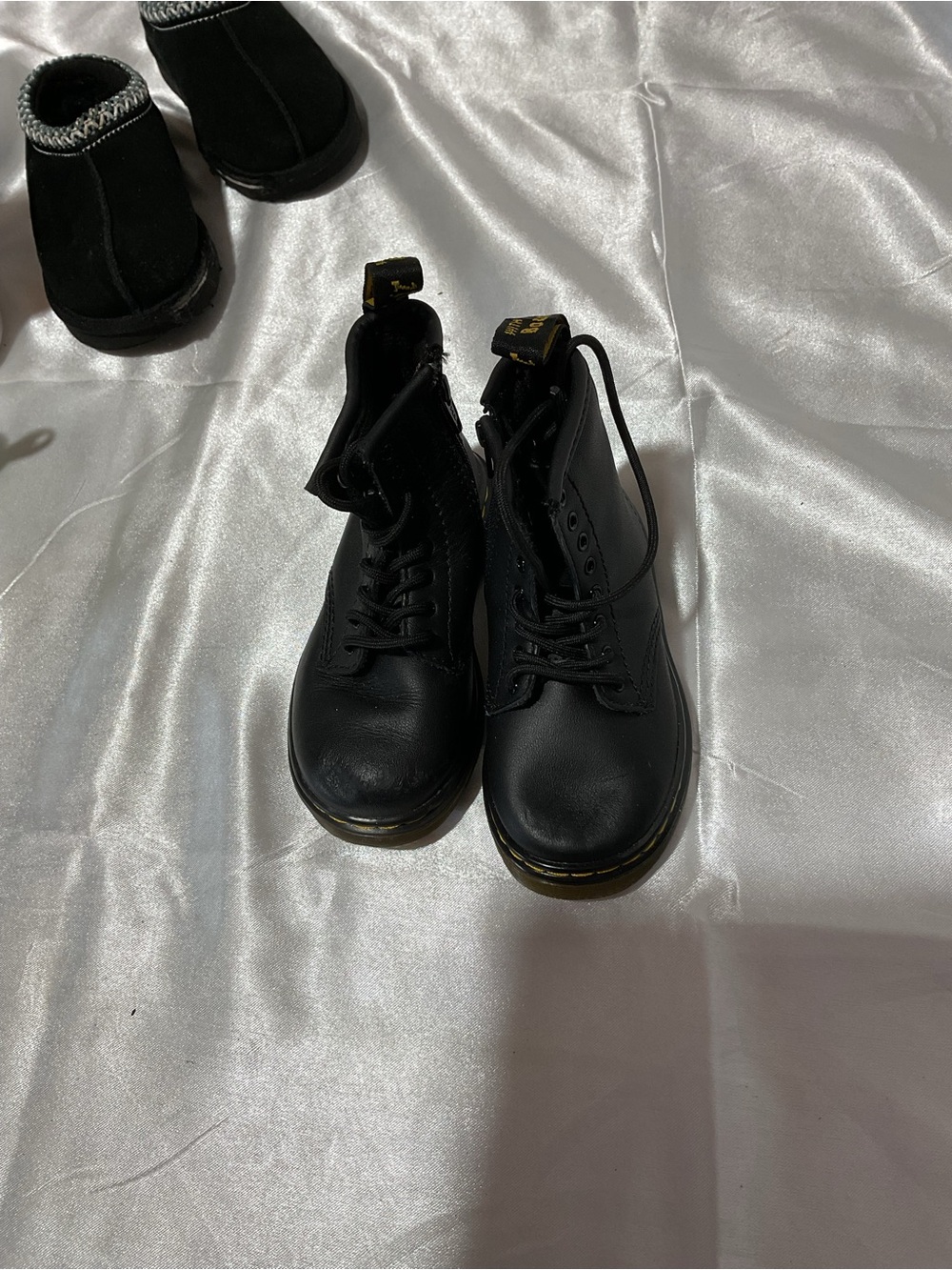 Black Lace-Up Combat Boots with Yellow Stitching